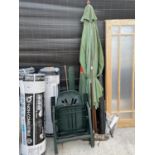 AN ASSORTMENT OF ITEMS TO INCLUDE A LARGE GARDEN PARASOL AND PLASTIC FOLDING CHAIR ETC