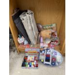 A COLLECTION OF SEWING ITEMS TO INCLUDE HEAVY MATERIAL, NEW SEWING KITS, BUTTONS, CRAFT ITEMS ETC