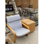 A LOCKABLE WOODEN STORAGE CUPBOARD WITH AN IKEA POANG STYLE CHAIR