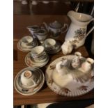 A QUANTITY OF CHINA TO INCLUDE AN ORIENTAL STYLE TEA SERVICE WITH FIVE TRIOS (HANDLE A/F ON ONE)