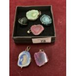A COLLECTION OF SIX COLOURFUL AGATE PENDANTS ON SILVER MOUNTS