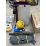 AN ASSORTMENT OF ITEMS TO INCLUDE A TENT, AN EXTENSION LEAD AND A BIN ETC