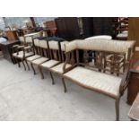 A SET OF SEVEN VICTORIAN INLAID MAHOGANY PARLOUR/DINING CHAIRS INCLUDING A TWO SEATER, FOUR DINING