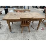 A MODERN PINE SCRUB-TOP TABLE AND THREE CHAIRS, 72" x 35"