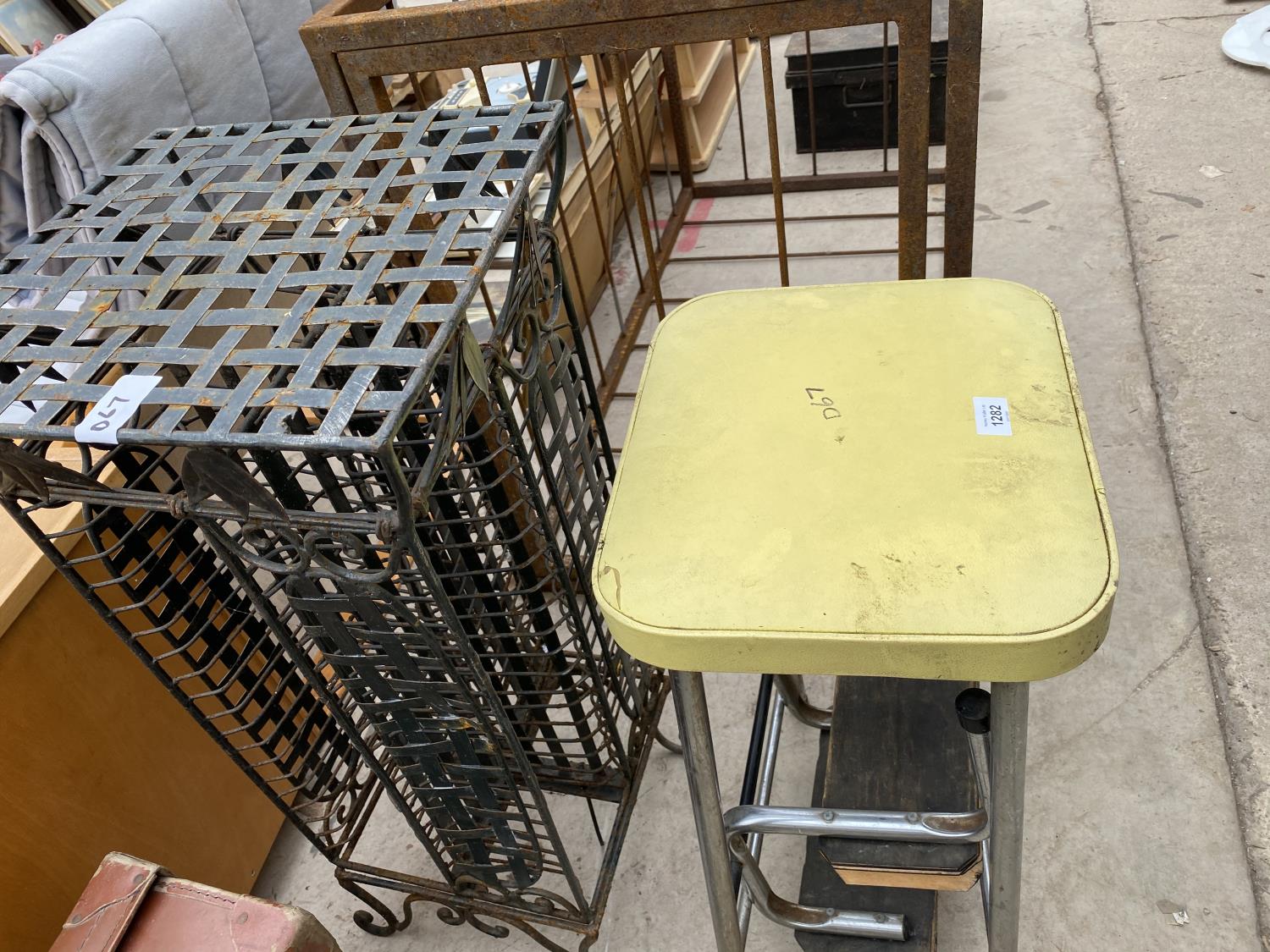 A VINTAGE KITCHEN STOOL WITH STEPS AND A VINTAGE METAL CD RACK - Image 5 of 5