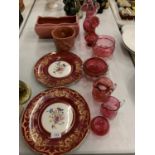 AN ASSORTMENT OF ITEMS TO INCLUDE A PAIR OF ROYAL WORCESTER DECORATIVE PLATES AND SEVEN CRANBERRY