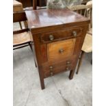 A REGENCY MAHOGANY AND INLAID WASHSTAND COMMODE WITH PULL-UP VANITY MIRROR WITH ENAMEL BASIN BUT