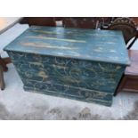 A VICTORIAN PAINTED BLANKET CHEST COMPLETE WITH TWO DRAWERS TO THE BASE, 42.5" WIDE