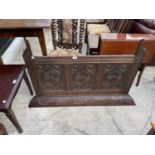 A JACOBEAN STYLE CARVED OAK THREE PANEL SIDEBOARD, BACK 48.5" WIDE