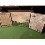 A PAIR OF FRAMED REFERENCE MAPS OF STAFFORDSHIRE AND SHROPSHIRE AND A FRAMED PRINT ON BOARD OF A