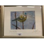 A SIGNED AND FRAMED MIXED MEDIA LIMITED EDITION 'BLUE TIT IN THE REEDS' BY CHRIS CLARK