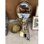 A VINTAGE BRASS JAM PAN, A FIRE COMPANION SET AND AN ORNATE MIRROR