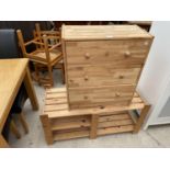 A SMALL MODERN PINE CHEST OF THREE DRAWERS, 24.5" WIDE, AND A SHOE RACK