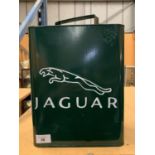 A GREEN JAGUAR PETROL CAN WITH BRASS TOP