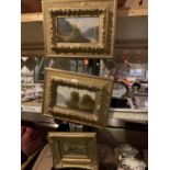 A PAIR OF OIL ON BOARD GILT FRAMED PICTURES AND A FURTHER SMALLER GILT FRAMED PRINT