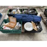 AN ASSORTMENT OF HOUSEHOLD CLEARENCE ITEMS TO INCLUDE TWO TENTS, CAMPING CHAIRS AND CERAMIC WARE