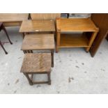 AN OAK NEST OF THREE TABLES AND A SMALL OAK TWO TIER SERVING TABLE