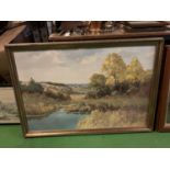 A LARGE GILT FRAMED OIL ON CANVAS OF A COUNTRYSIDE SCENE SIGNED PETER COX