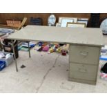 A VINTAGE WOODEN DESK WITH METAL LEGS AND TWO DRAWERS