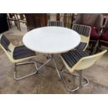 A CIRCULAR WHITE KITCHEN TABLE AND FOUR CHAIRS, ON TUBULAR FRAME