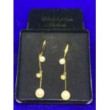 A PAIR OF 9 CARAT GOLD DROP EARRINGS WITH PEARL AND STONE DESIGN IN A PRESENTATION BOX