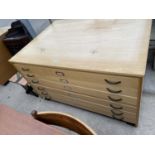 A MODERN LIGHT WOOD SIX DRAWER JUMBO PLAN CHEST, 52" WIDE