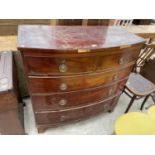 A 19TH CENTURY BOWFRONTED CHEST OF TWO SHORT AND THREE LONG DRAWERS ON BRACKET FEET