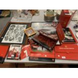 A QUANTITY OF MANCHESTER UNITED MEMROBILIA TO INCLUDE A FRAMED MONTAGE OF THE TEAM OF THE 90'S
