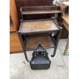 A POKER WORK CORNER CABINET, OAK TROLLEY AND OPEN BOOKSHELVES