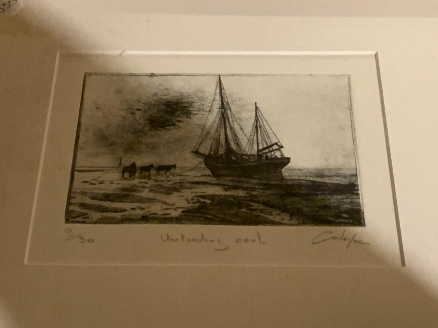 A PAIR OF SIGNED AND FRAMED LIMITED EDITION CHARCOAL PRINTS 'UNLOADING COAL' AND 'THE WAITING ROOM' - Image 2 of 3