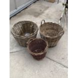 THREE VARIOUS SIZED WHIKER LOG BASKETS TWO WITH HANDLES AND ONE WITHOUT