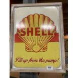 A METAL "SHELL" ADVERTISING SIGN IN WOODEN FRAME 34CMS X 44 CMS