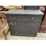A PAINTED MAHOGANY CHEST OF TWO SHORT AND THREE LONG DRAWERS