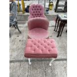 TWO PINK BEDROOM CHAIRS AND A STOOL