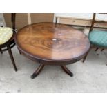 A MODERN MAHOGANY CIRCULAR COFFEE TABLE, 35" DIAMETER, WITH SINGLE DRAWER ON QUATREFOIL BASE