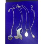 FOUR SILVER NECKLACES MARKED 925 WITH PENDANTS TO INCLUDE A LOCKET, SHELL TEARDROP, HEART AND AN