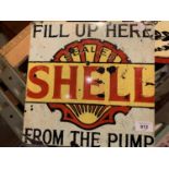 A FILL UP HERE SHELL FROM THE PUMP METAL SIGN