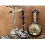 A VINTAGE BAROMETER AND THREE TABLE LAMPS