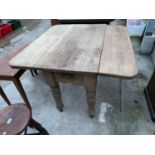 A VICTORIAN PINE DROP-LEAF KITCHEN TABLE WITH SINGLE DRAWER, 44x42" (OPEN)