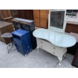 A KIDNEY SHAPED DRESSING TABLE, BEDSIDE LOCKER, OFFICE CHAIR (AF) AND TWO DOOR BOOKCASE TOP