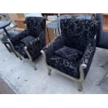 TWO SILVER GILT ARMCHAIRS WITH DAMASK STYLE UPHOLSTERY