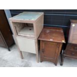 AN OAK POT CUPBOARD AND A PAINTED BEDSIDE CABINET