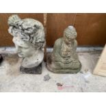 TWO STONE EFFECT GARDEN ORNAMENTS TO INCLUDE A BUST AND A BUDDHA