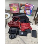 A LARGE ASSORTMENT OF LADIES HANDBAGS AND PURSES TO ALSO INCLUDE BOARD GAMES
