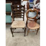 A LADDERBACK DINING CHAIR WITH RUSH SEAT AND BEDROOM CHAIR WITH SPLIT CANE SEAT