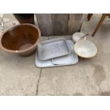 A COLLECTION OF VINTAGE ITEMS TO INCLUDE ENAMEL TRAYS, MIXING BOWL AND LARGE PLANTER ETC