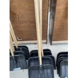 FIVE PLASTIC SNOW SHOVELS WITH WOODEN HANDLES