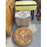 A LEATHER PATCHWORK FOOTSTOOL, A LLOYD LOOM LUSTY LINEN CHEST AND A SMALL DROP LEAF FORMICA TABLE
