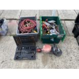 VARIOUS TOOLS - ELECTRIC CAR POLISHER, DRILL SET, JUMP LEADS ETC