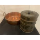 A LARGE COPPER BOWL (D:37CM) AND A VINTAGE BRASS STACK OF RIDSDALE AND CO LTD SAND TESTING SIEVES